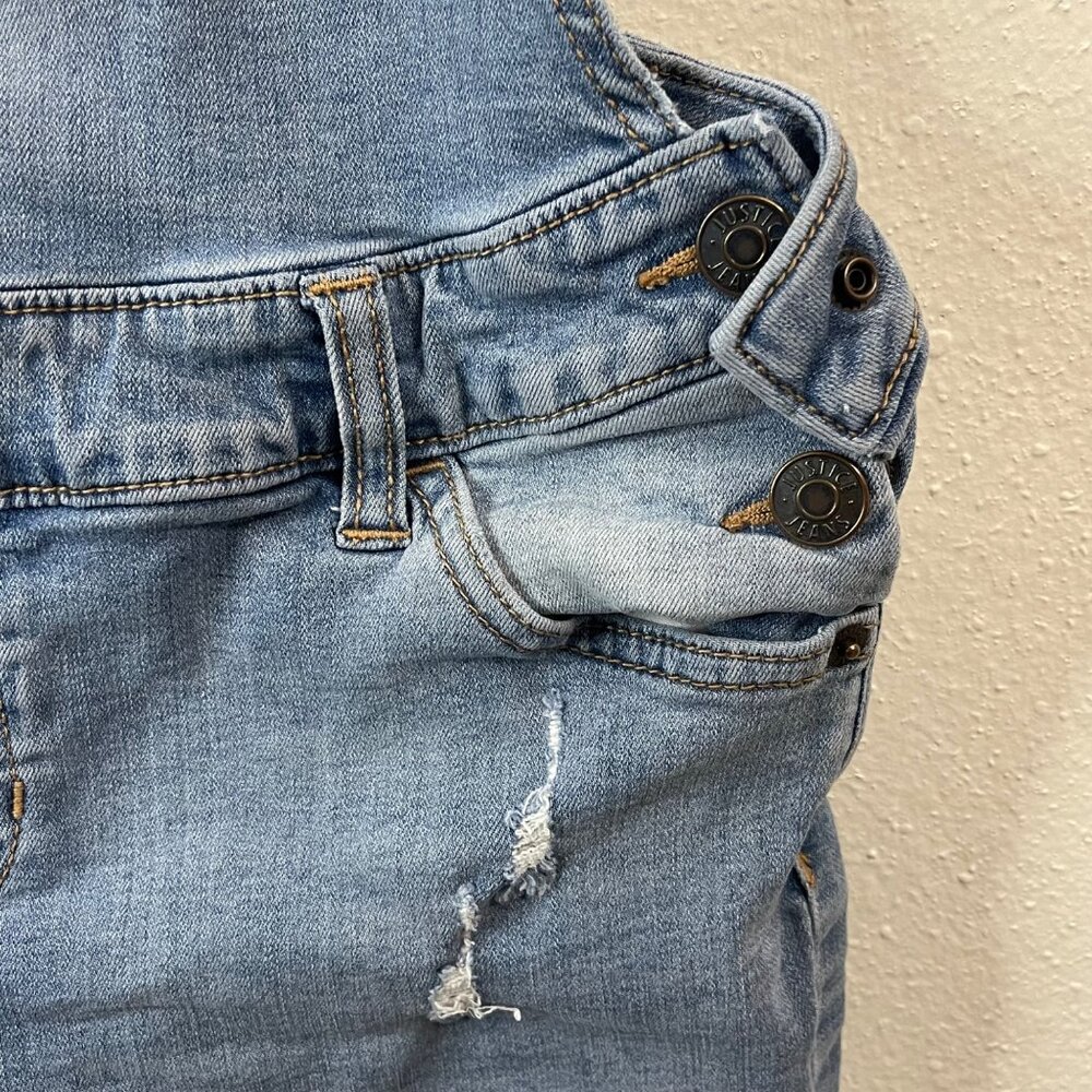 Distressed blue denim short jumpsuit with adjustable white straps, Size 16 - Picture 7 of 12